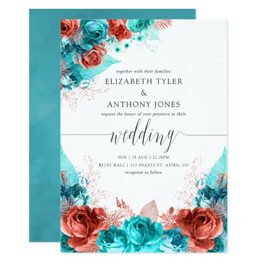 Turquoise And Coral Rustic Floral Wedding Invitation Zazzle Com