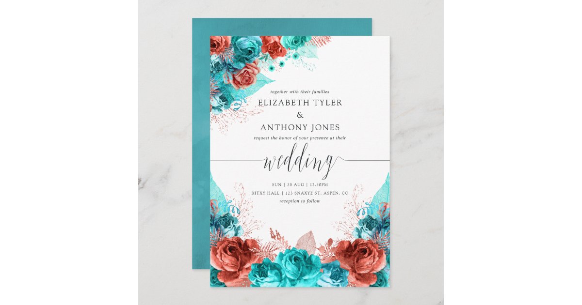 Turquoise and Coral Rustic Floral Wedding Invitation | Zazzle