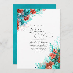 Turquoise and Coral Rustic Floral Wedding Invitation