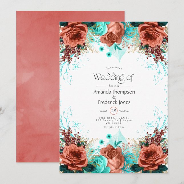 Turquoise and Coral Rustic Floral Wedding Invitation (Front/Back)