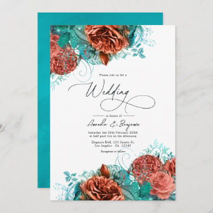 Turquoise and Coral Rustic Floral Wedding Invitation