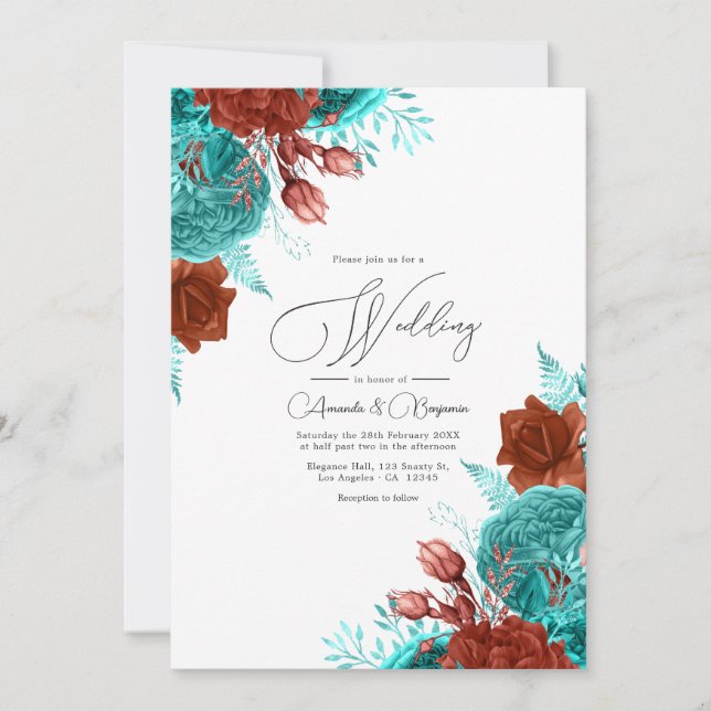 Turquoise and Coral Rustic Floral Wedding Invitation (Front)