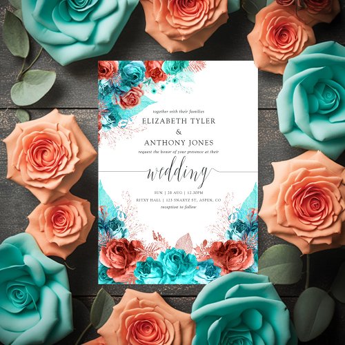 Turquoise and Coral Rustic Floral Wedding Invitation