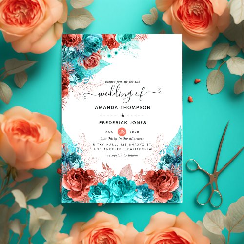 Turquoise and Coral Rustic Floral Wedding Invitation