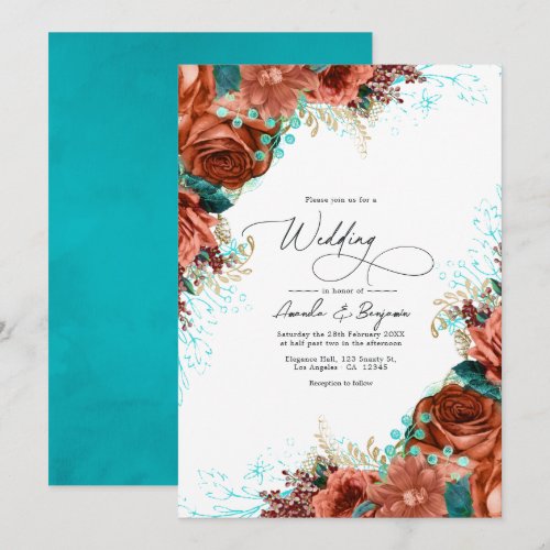 Turquoise and Coral Rustic Floral Wedding Invitation