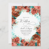 Teal, Coral, and Champagne Floral Wedding Invitation