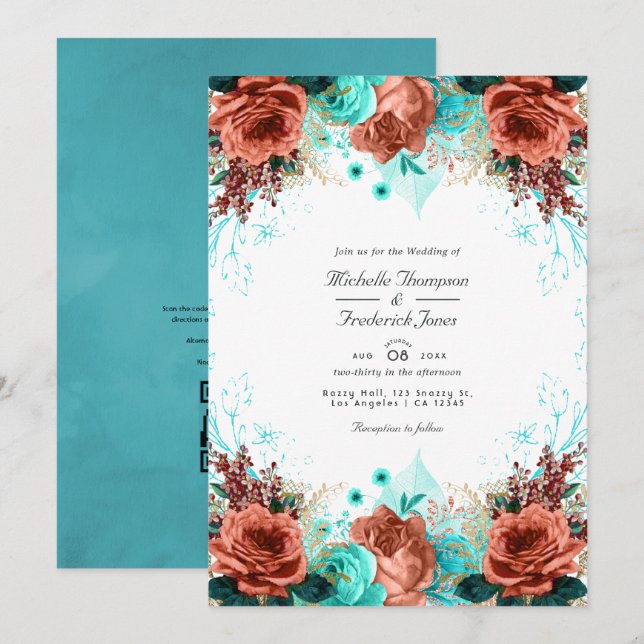 Turquoise and Coral Rustic Floral Wedding Photo In Invitation (Front/Back)