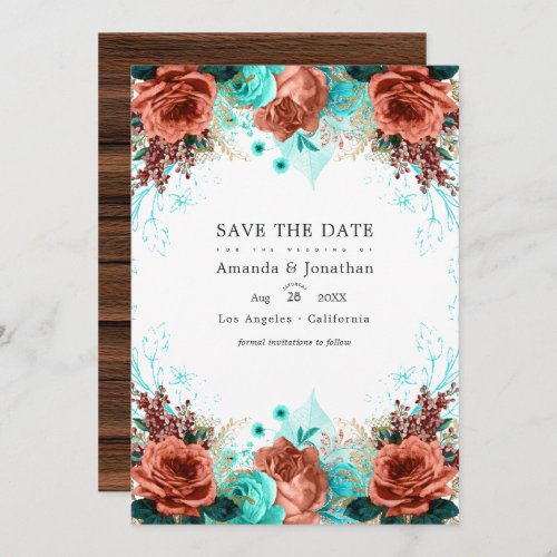 Turquoise and Coral Rustic Floral Wedding Photo Invitation