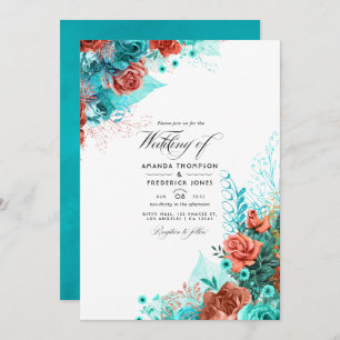 Turquoise and Coral Rustic Floral Wedding Photo Invitation