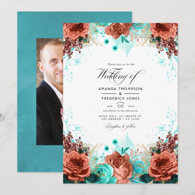 Turquoise and Coral Rustic Floral Wedding Photo Invitation (Front/Back)