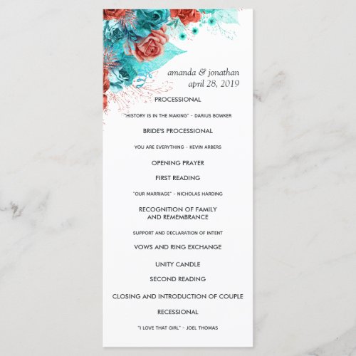 Turquoise and Coral Rustic Floral Wedding Program