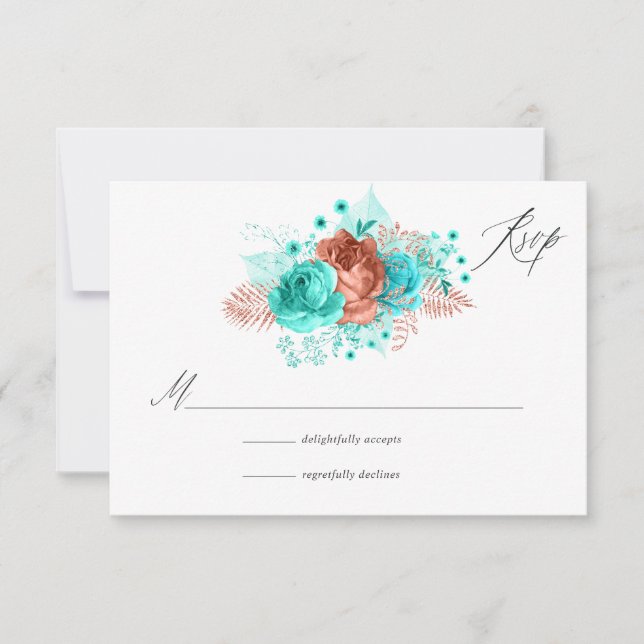 Turquoise and Coral Rustic Floral Wedding RSVP Card (Front)