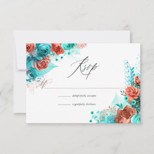 Turquoise and Coral Rustic Floral Wedding RSVP Card