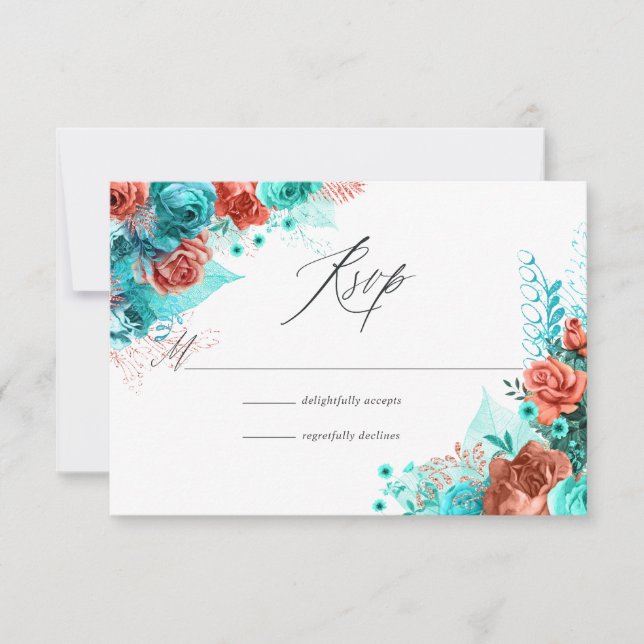 Turquoise and Coral Rustic Floral Wedding RSVP Card (Front)