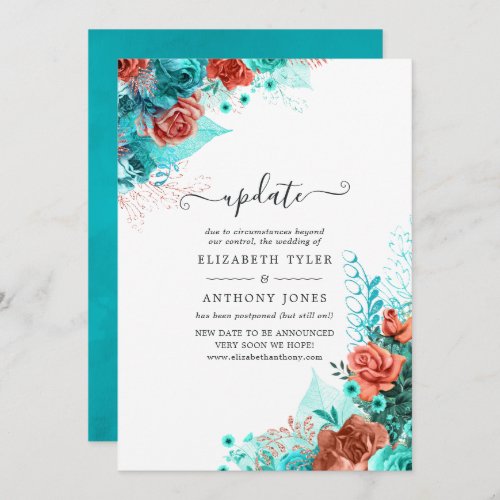 Turquoise and Coral Rustic Floral Wedding Update Invitation