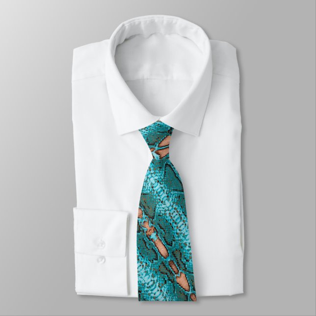Turquoise and Coral Snakeskin Pattern on a Neck Tie (Tied)