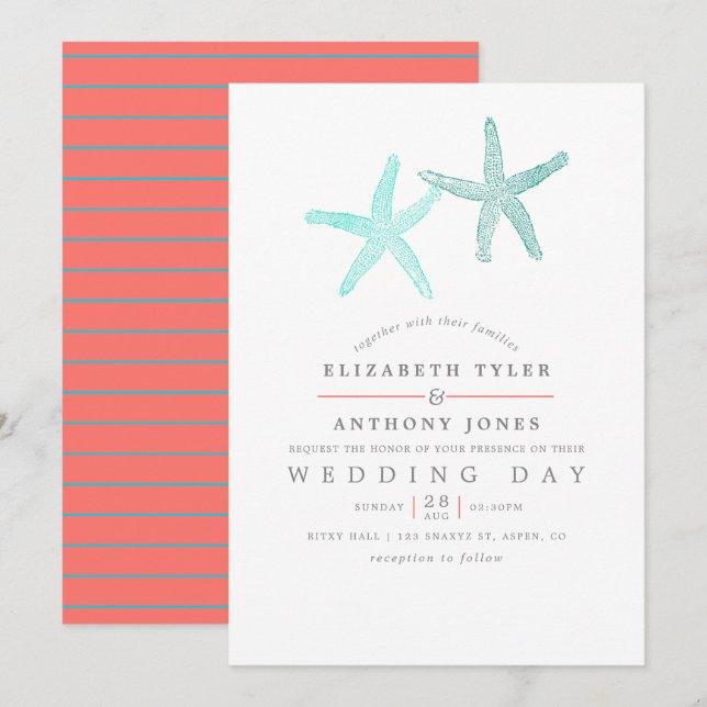 Turquoise and Coral themed Beach Wedding Invitation (Front/Back)