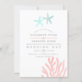 Turquoise and Coral themed Beach Wedding Invitation (Front)