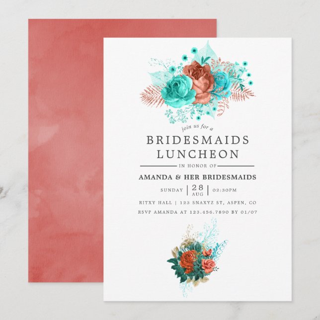 Turquoise and Coral Tropical Bridesmaids Luncheon Invitation (Front/Back)
