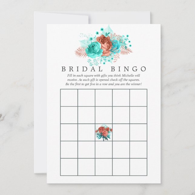 Turquoise and Coral Tropical Floral Bridal Bingo (Front)