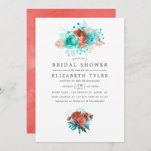 Turquoise and Coral Tropical Floral Bridal Shower Invitation