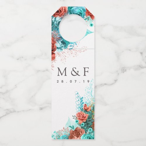 Turquoise and Coral Tropical Floral Wedding Bottle Hanger Tag