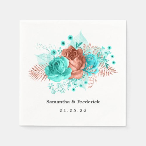 Turquoise and Coral Tropical Floral Wedding Napkins