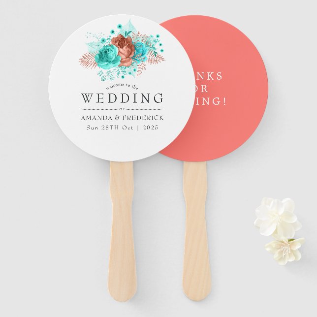 Turquoise and Coral Tropical Wedding Favor Hand Fan (Front and Back)