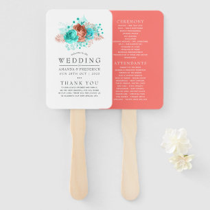 Turquoise and Coral Tropical Wedding Program Hand Fan