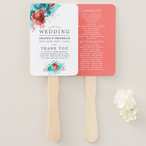 Turquoise and Coral Tropical Wedding Program Hand Fan