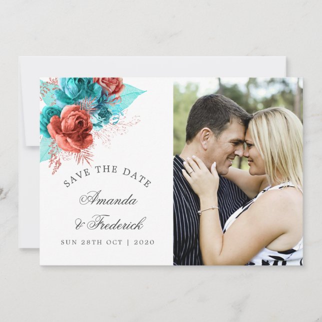 Turquoise and Coral Tropical Wedding Save the Date (Front)