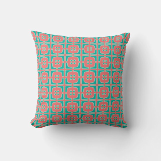 Turquoise and Coral Unique Pattern Throw Pillow (Front)