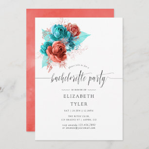 Turquoise and Coral Watercolor Bachelorette Party Invitation