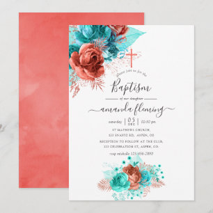 Turquoise and Coral Watercolor Floral Baptism Invitation