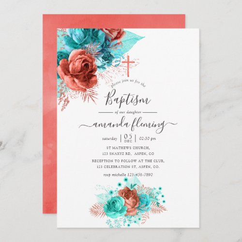 Turquoise and Coral Watercolor Floral Baptism Invitation