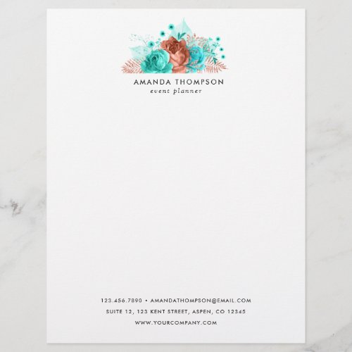 Turquoise and Coral Watercolor Floral Letterhead