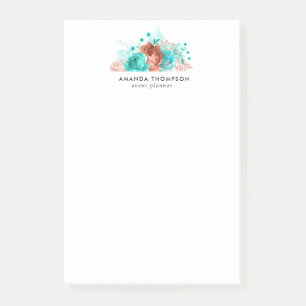 Turquoise and Coral Watercolor Floral Post-it Notes