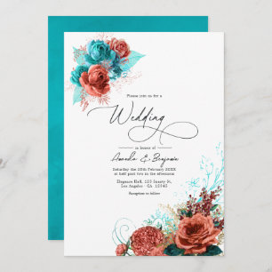 Turquoise and Coral Watercolor Floral Wedding Invitation