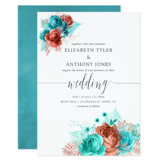 Turquoise And Coral Watercolor Floral Wedding Invitation Zazzle Com