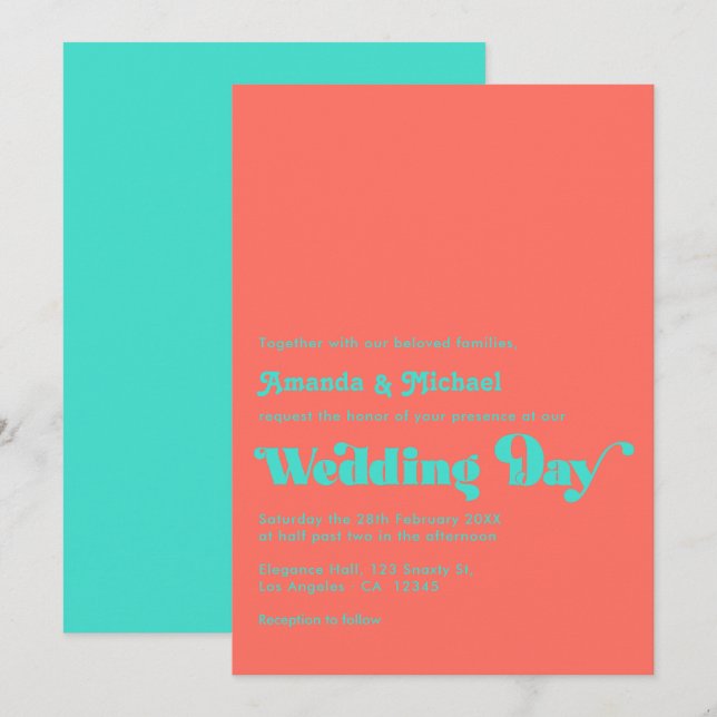 Turquoise and Coral Wedding Invitation (Front/Back)