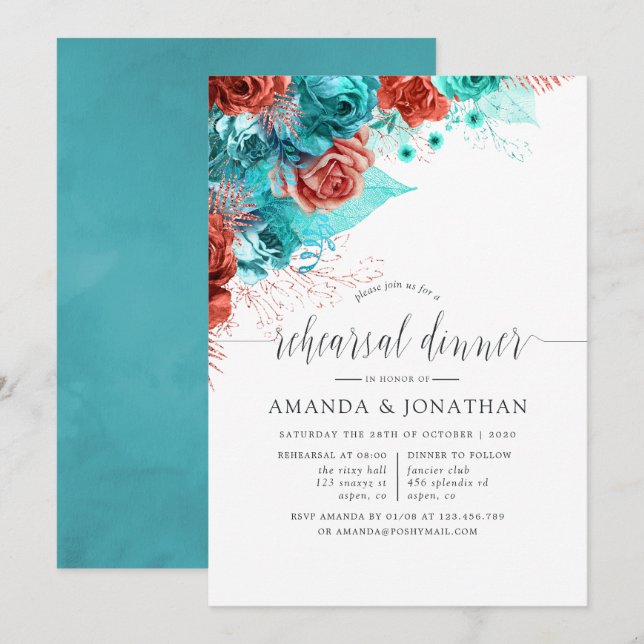 Turquoise and Coral Wedding Rehearsal Dinner Invitation (Front/Back)