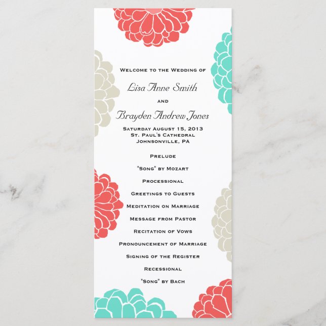 Turquoise and Coral Zinnia Flower Wedding Program (Front)