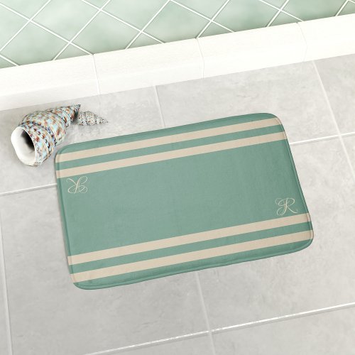 Turquoise and Cream Stripes Elegant Monogram Bath Mat