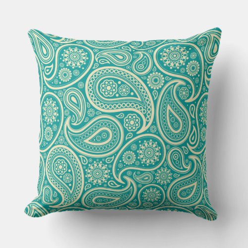 Turquoise And Cream Vintage Floral Paisley Pattern Throw Pillow