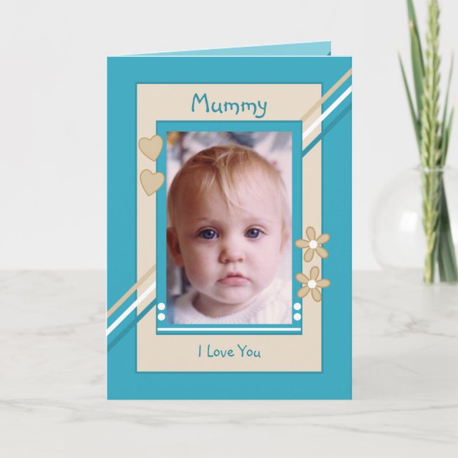 Turquoise and cream with photo mommy birthday card (Front)