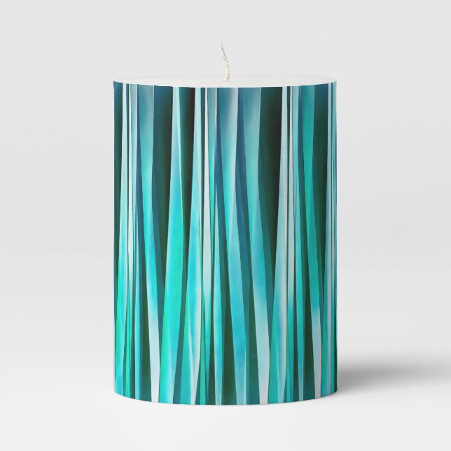 Turquoise and Cyan Ocean Stripy Lines Pattern Pillar Candle (Front)