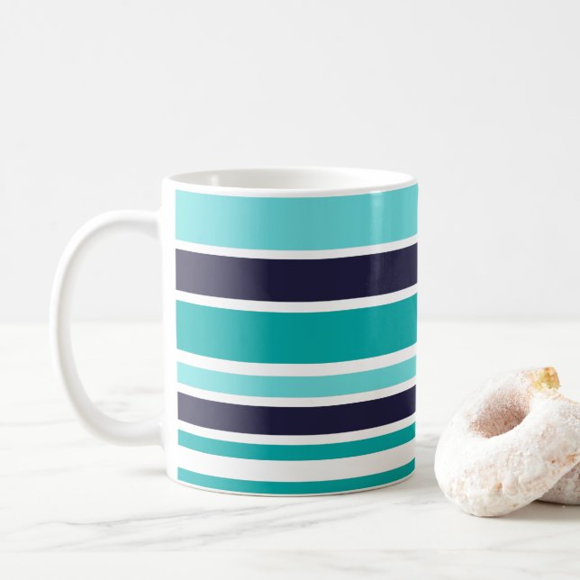 Turquoise And Dark Blue Striped  Coffee Mug (With Donut)