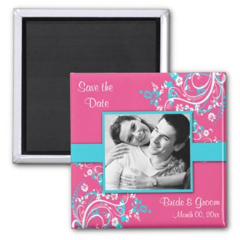 Turquoise And Fuschia Save The Date Photo Magnets by PMCustomWeddings at Zazzle