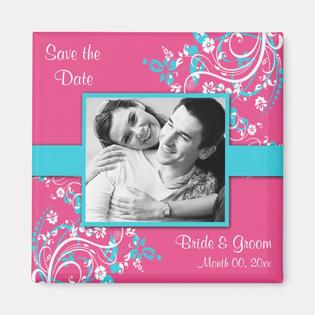 Turquoise and Fuschia Save the Date photo Magnets (Front)