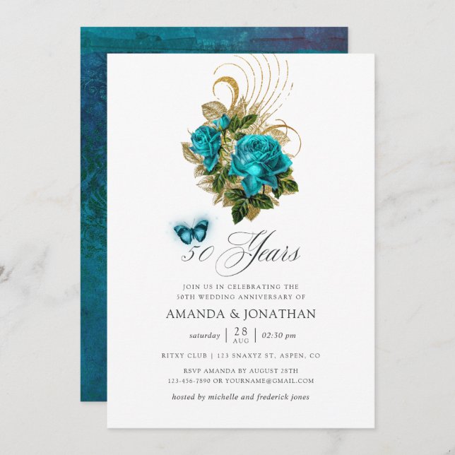 Turquoise and Gold 50th Wedding Anniversary Invitation (Front/Back)